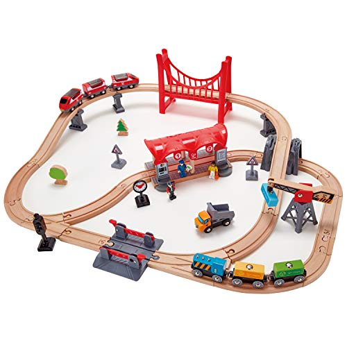 Hape Busy City Train Rail Set | Complete City Themed Wooden Rail Toy Set For Toddlers with Passenger Train, Freight Train, Station, Play Figurines, and More, Multicolor, Model:E3730