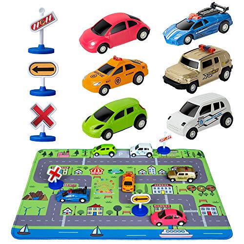Car Toys with Play Mat, 6 Toy Cars, 3 Road Signs, 14" x 18" City Playmat, City Vehicle Set, Mini Pull Back Vehicle Toys for 2 3 4 5 Year Old Boys Toddlers